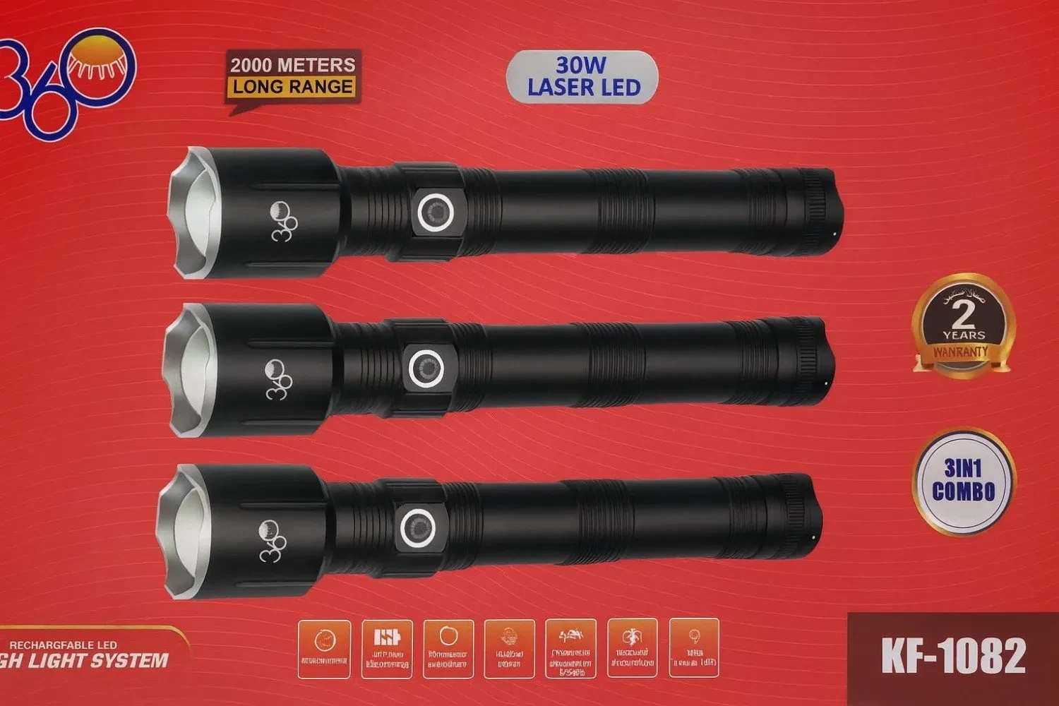 مصباح يدوي طويل المدى قابل لإعادة الشحن 3 في 1 KF-1082