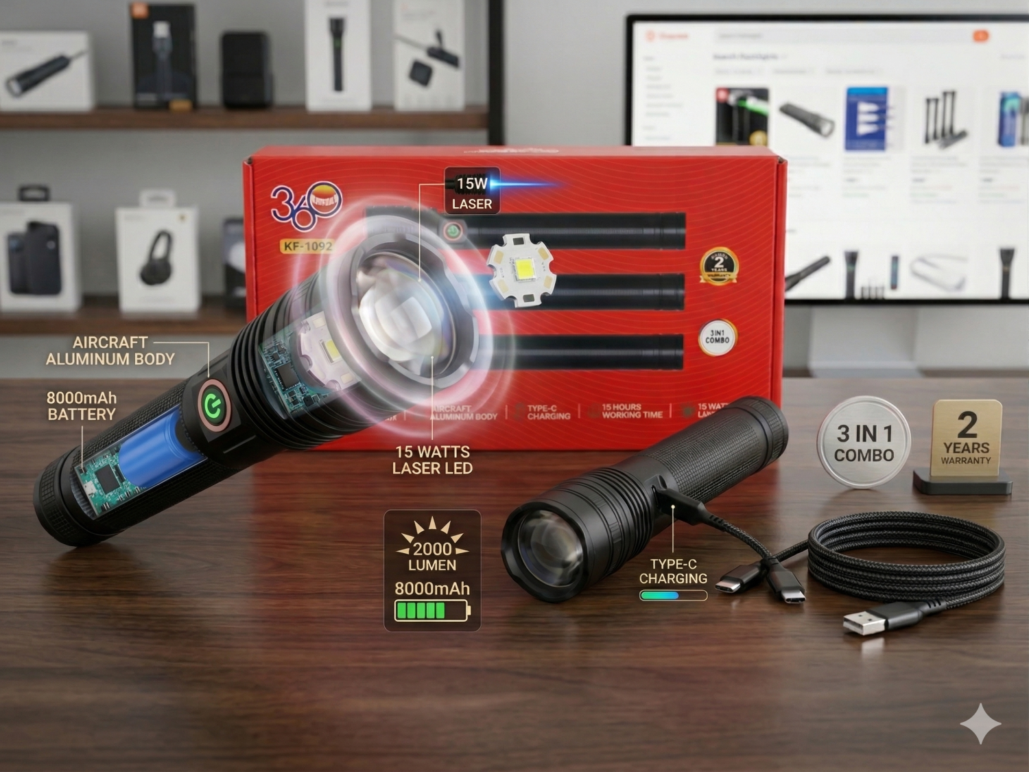 كشاف KF-1092 الاحترافي المطور (3 في 1) - قوة 2000 لومين